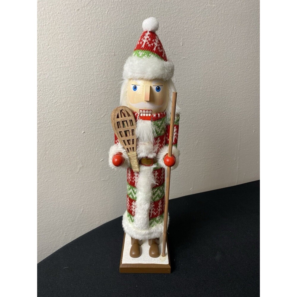 Christmas Wood Nutcracker Snowshoe Santa 14” Long Coat Hat Holiday Decor